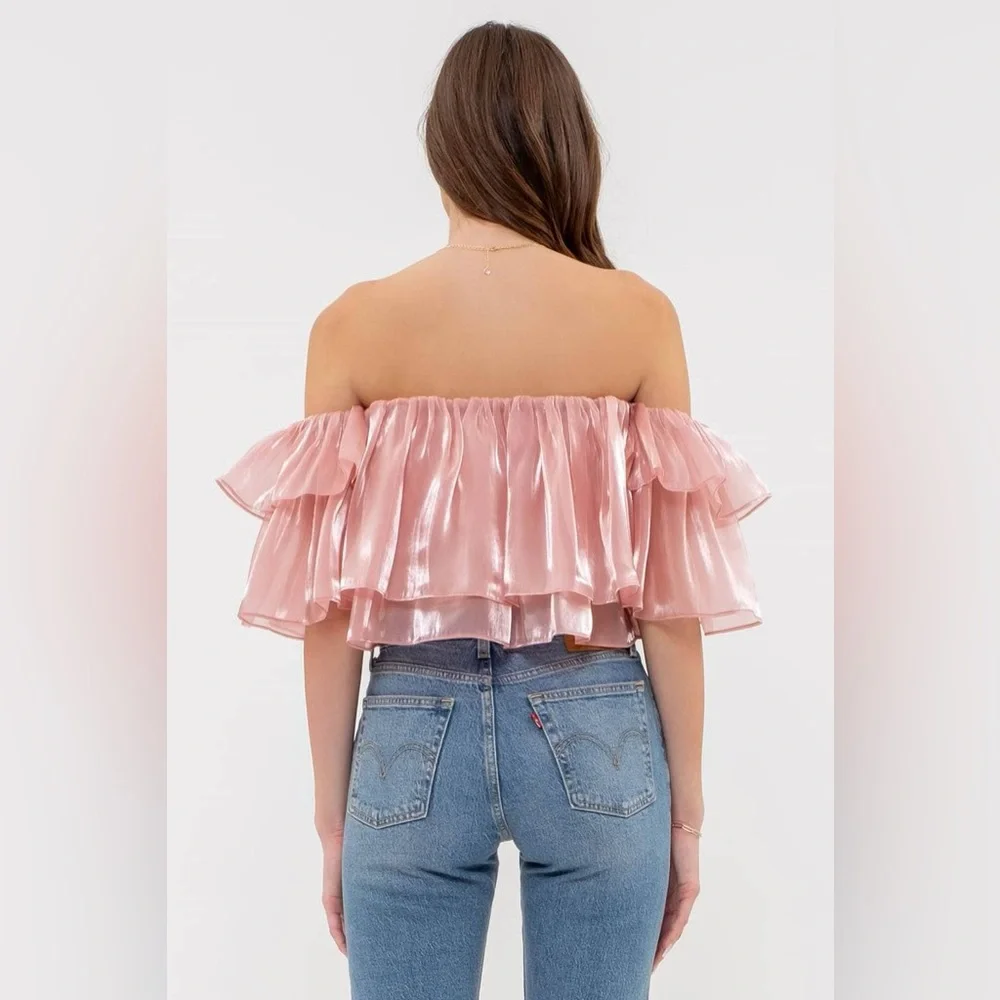 Enchanted Ruffle Tulle Off the Shoulder Crop Top Princess Flounce Elegant Pink - Picture 3 of 8